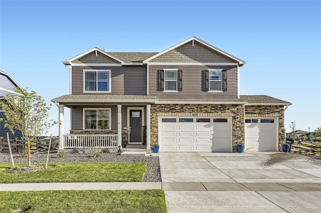 7702 E 159th Ave, Thornton, CO 80602 - craftsman house featuring a porch, concrete driveway, stone siding, an attached garage, and roof with shingles