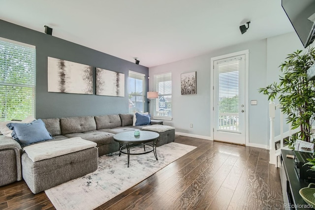 living room with dark hardwood / wood-style floors