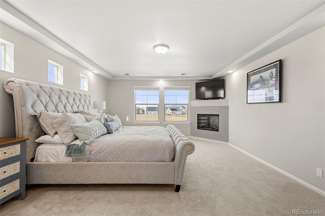 bedroom with light colored carpet