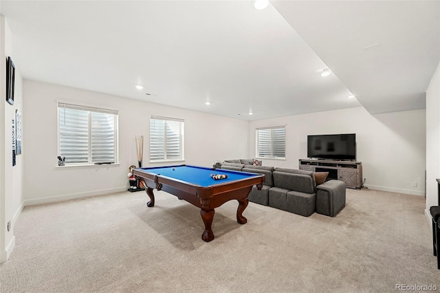 rec room featuring billiards and light colored carpet