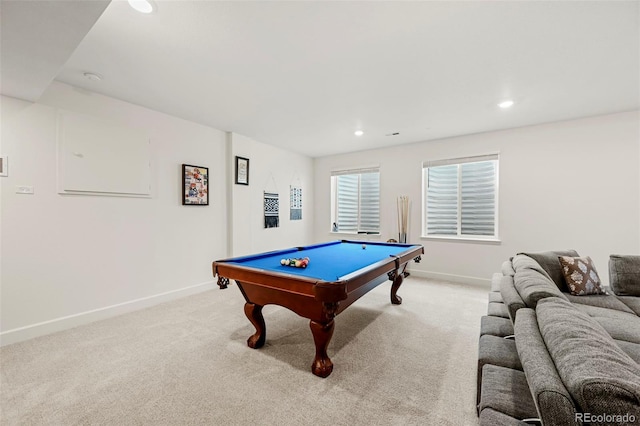 playroom featuring pool table and light colored carpet