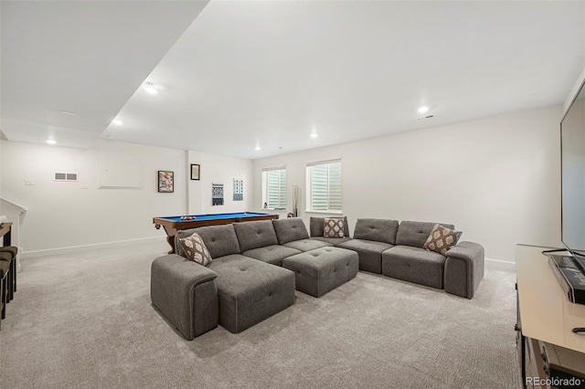 living room with light carpet and pool table