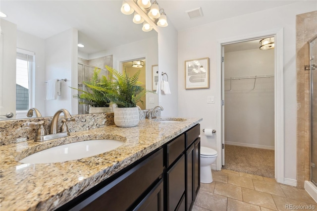 bathroom with vanity, a shower with door, and toilet