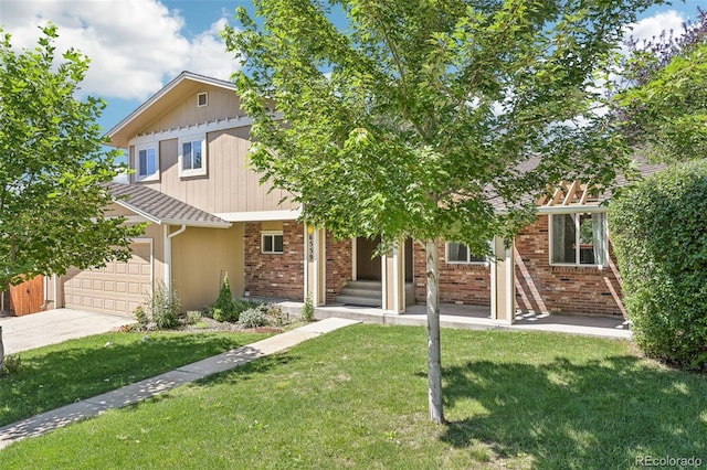 view of property hidden behind natural elements with a front yard and a garage