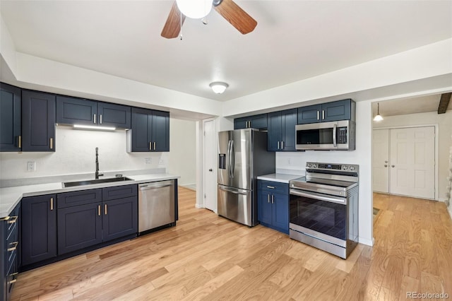 kitchen with blue cabinets, light hardwood / wood-style flooring, appliances with stainless steel finishes, sink, and ceiling fan