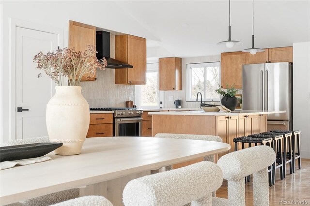 kitchen featuring wall chimney range hood, tasteful backsplash, premium appliances, light hardwood / wood-style floors, and decorative light fixtures