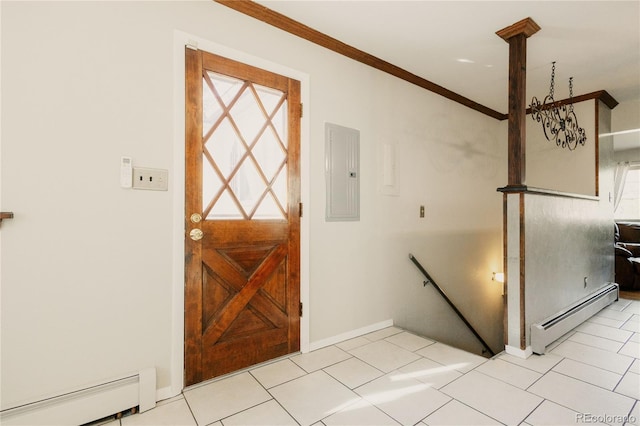 2535 W Bijou St, Colorado Springs, CO 80904 - entrance foyer with electric panel, crown molding, baseboards, and baseboard heating