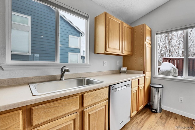 kitchen featuring light countertops, a sink, a textured ceiling, and stainless steel dishwasher