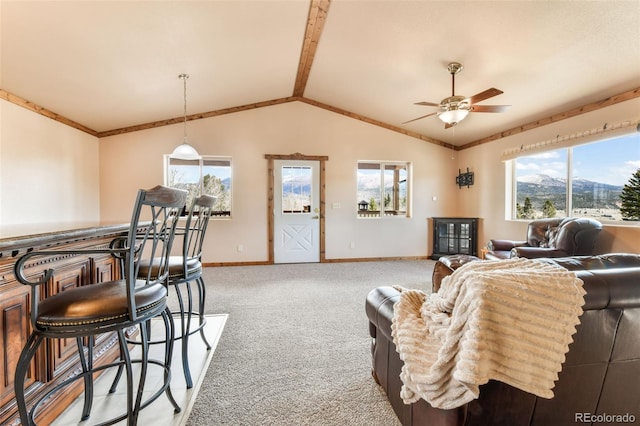 631 County Road 61, Cripple Creek, CO 80813 - carpeted living area featuring a ceiling fan, baseboards, and vaulted ceiling