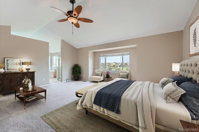 9357 Lark Sparrow Dr, Highlands Ranch, CO 80126 - bedroom featuring vaulted ceiling, baseboards, ensuite bathroom, light colored carpet, and ceiling fan