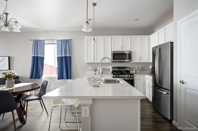 kitchen with stainless steel appliances, light countertops, hanging light fixtures, white cabinetry, and an island with sink