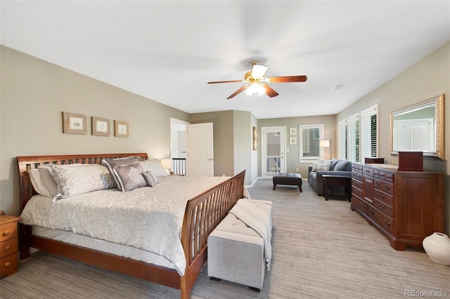 85 Willowleaf Dr, Littleton, CO 80127 - bedroom featuring light carpet, a ceiling fan, and access to outside