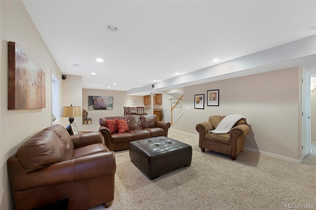 85 Willowleaf Dr, Littleton, CO 80127 - carpeted living room featuring stairs, recessed lighting, and baseboards