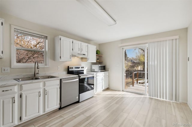 kitchen with white cabinets, appliances with stainless steel finishes, plenty of natural light, and sink