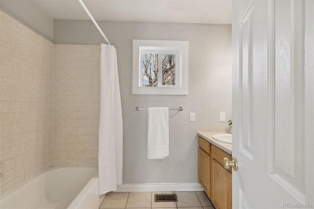 bathroom with shower / bath combination with curtain, vanity, and tile patterned floors