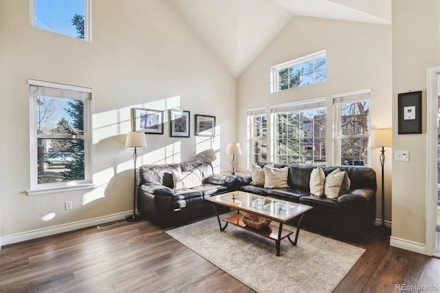 living room featuring dark hardwood / wood-style flooring and high vaulted ceiling