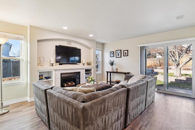 living room with a fireplace, light hardwood / wood-style flooring, and a wealth of natural light