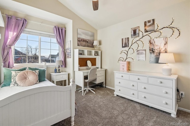 carpeted bedroom with lofted ceiling and ceiling fan