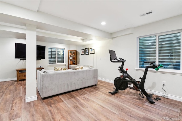 exercise room featuring hardwood / wood-style floors