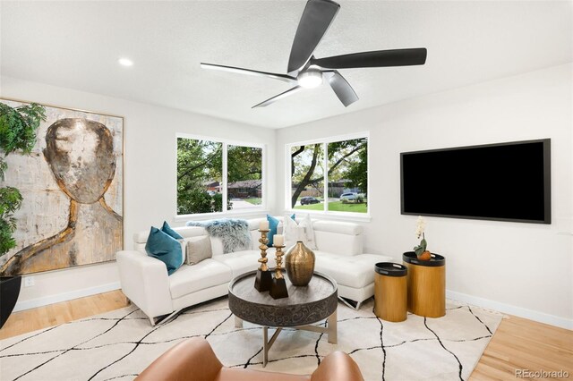 6512 Upham St, Arvada, CO 80003 - living area with wood finished floors, baseboards, and ceiling fan