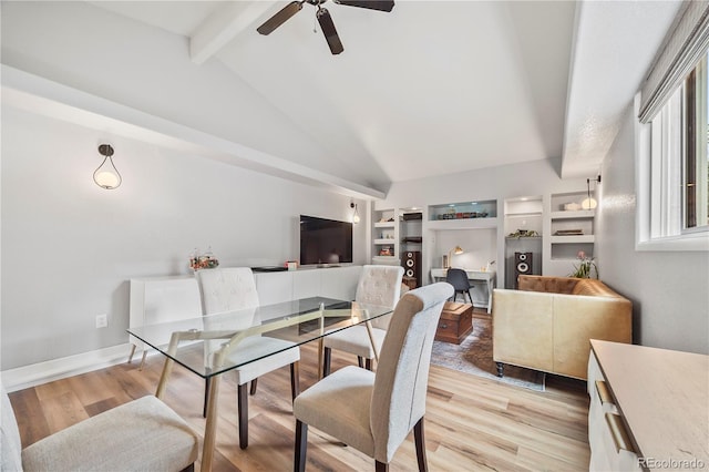 7767 S Depew St, Littleton, CO 80128 - dining space with beam ceiling, ceiling fan, light wood finished floors, high vaulted ceiling, and built in features