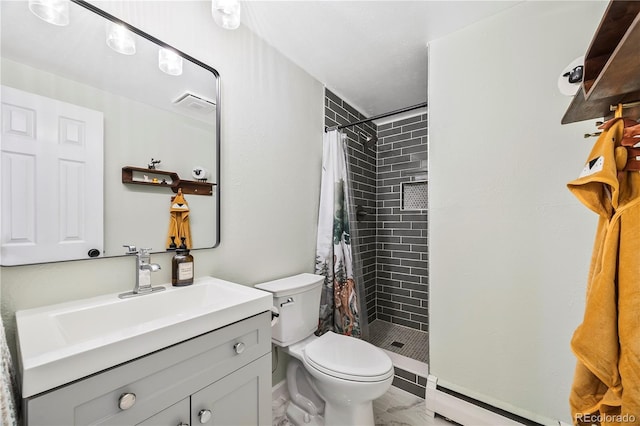 7767 S Depew St, Littleton, CO 80128 - bathroom with marble finish floors, vanity, a shower stall, and a baseboard radiator