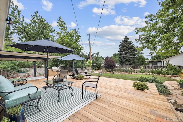 7767 S Depew St, Littleton, CO 80128 - wooden deck with a fenced backyard and outdoor dining space