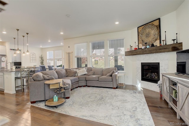 living room with dark hardwood / wood-style floors and sink