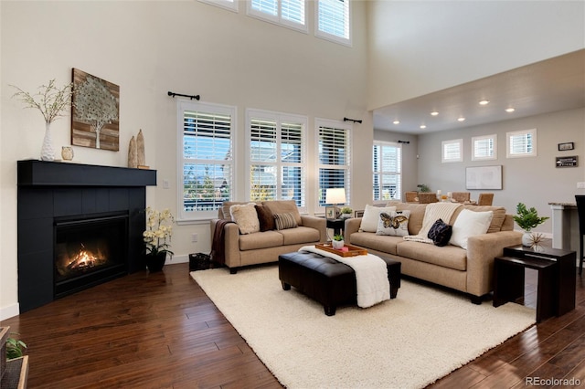 living room featuring a fireplace, a high ceiling, and dark hardwood / wood-style floors