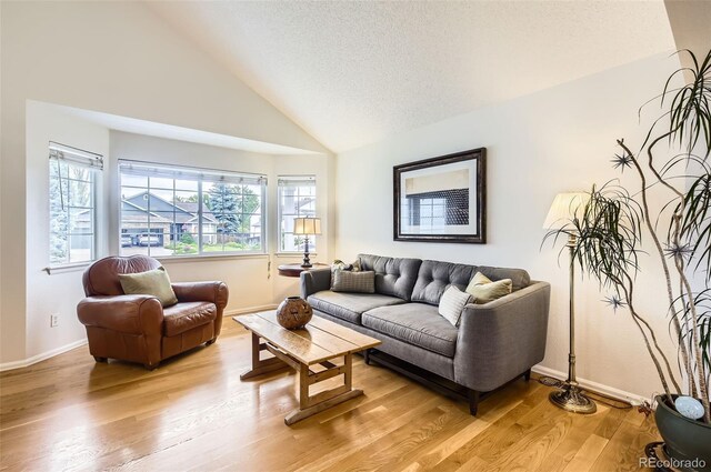 1641 Cedarwood Dr, Longmont, CO 80504 - living area with vaulted ceiling, light wood-type flooring, baseboards, and a textured ceiling