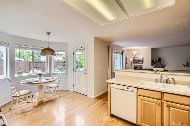 1641 Cedarwood Dr, Longmont, CO 80504 - kitchen with white dishwasher, a sink, healthy amount of natural light, light wood finished floors, and a textured ceiling