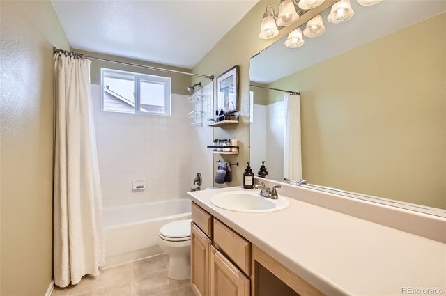1641 Cedarwood Dr, Longmont, CO 80504 - full bath with vanity, toilet, shower / bath combination with curtain, and tile patterned flooring