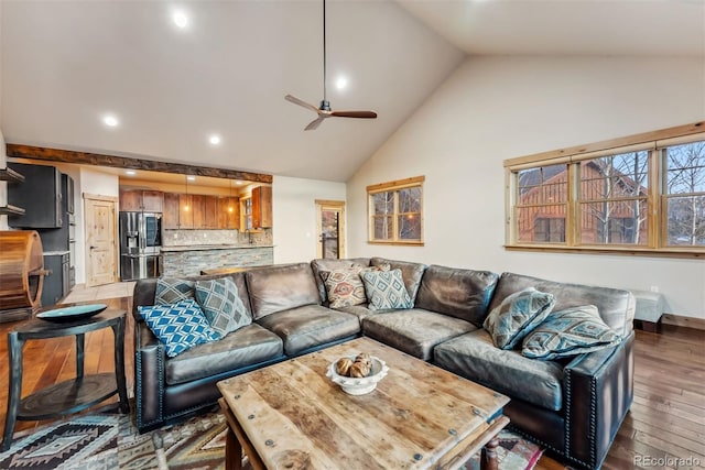 52 Buckskin Ln, Silverthorne, CO 80498 - living room with wood-type flooring, a ceiling fan, high vaulted ceiling, and recessed lighting