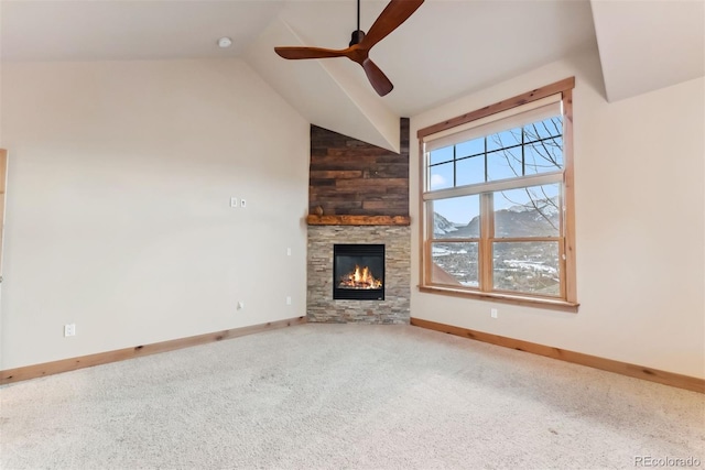 52 Buckskin Ln, Silverthorne, CO 80498 - unfurnished living room featuring carpet, a ceiling fan, a fireplace, and high vaulted ceiling