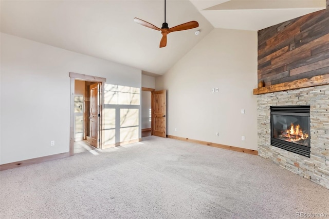 52 Buckskin Ln, Silverthorne, CO 80498 - unfurnished living room with a fireplace, a ceiling fan, carpet, and high vaulted ceiling