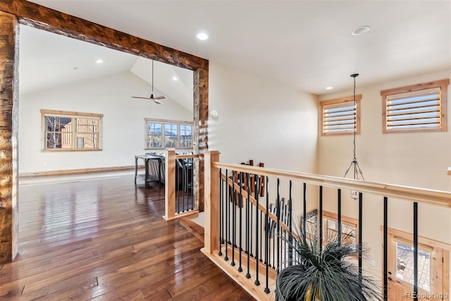 52 Buckskin Ln, Silverthorne, CO 80498 - corridor featuring an upstairs landing, hardwood / wood-style flooring, recessed lighting, and high vaulted ceiling