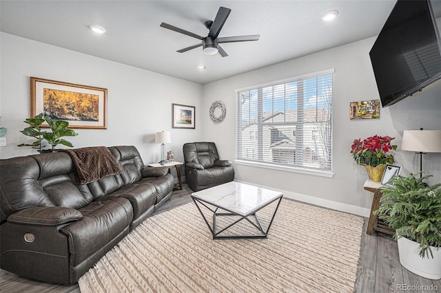 living room with ceiling fan and light hardwood / wood-style floors