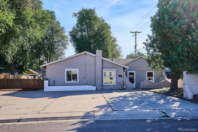 single story home featuring stucco siding and fence