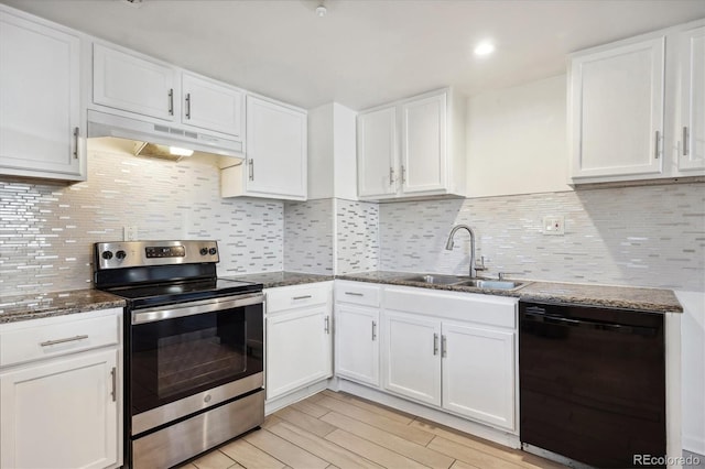 kitchen featuring a sink, black dishwasher, white cabinets, stainless steel electric stove, and under cabinet range hood