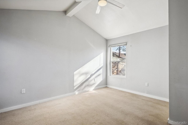 unfurnished room featuring lofted ceiling with beams, ceiling fan, carpet, and baseboards