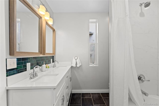3443 Lawrence St, Denver, CO 80205 - full bathroom with double vanity, shower / bathtub combination with curtain, and decorative backsplash