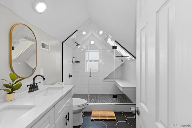 3443 Lawrence St, Denver, CO 80205 - full bathroom featuring tile patterned flooring, double vanity, and a shower stall