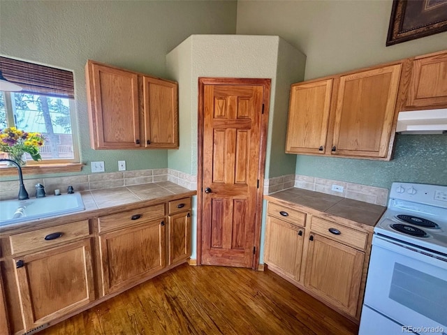 33508 Persistence Ave, Pine, CO 80470 - kitchen with white electric range oven, under cabinet range hood, tile countertops, and dark wood-style floors