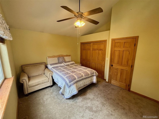 33508 Persistence Ave, Pine, CO 80470 - bedroom featuring lofted ceiling, a closet, carpet floors, and ceiling fan