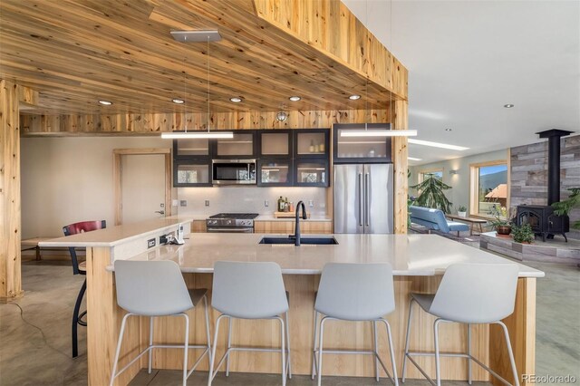 551 Spade Pl, Jefferson, CO 80456 - kitchen with stainless steel appliances, a sink, a wood stove, glass insert cabinets, and light countertops