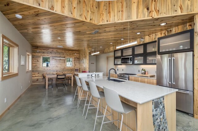 551 Spade Pl, Jefferson, CO 80456 - kitchen featuring high end appliances, concrete floors, a sink, baseboards, and a center island with sink