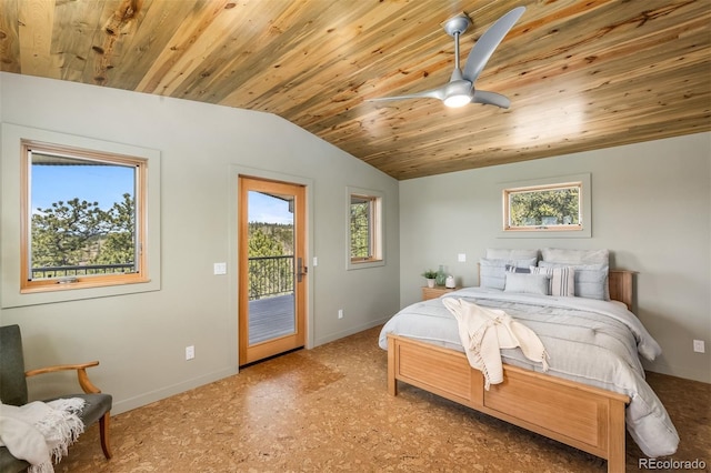 551 Spade Pl, Jefferson, CO 80456 - bedroom featuring access to exterior, wood ceiling, lofted ceiling, multiple windows, and baseboards