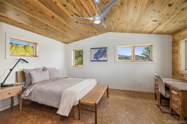 551 Spade Pl, Jefferson, CO 80456 - bedroom with lofted ceiling, an office area, wooden ceiling, baseboards, and wood walls