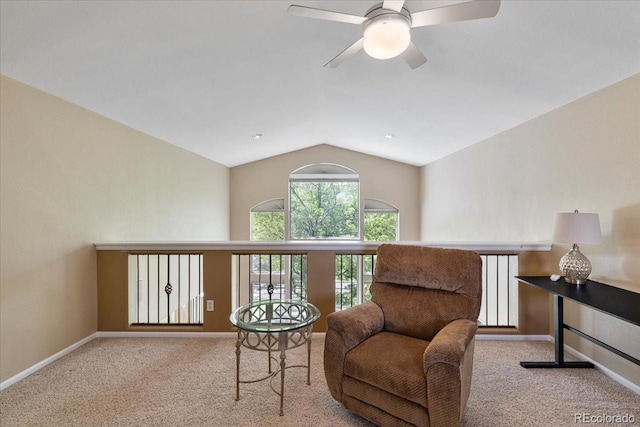 12671 Home Farm Ln, Westminster, CO 80234 - living area with carpet flooring, lofted ceiling, a ceiling fan, and baseboards