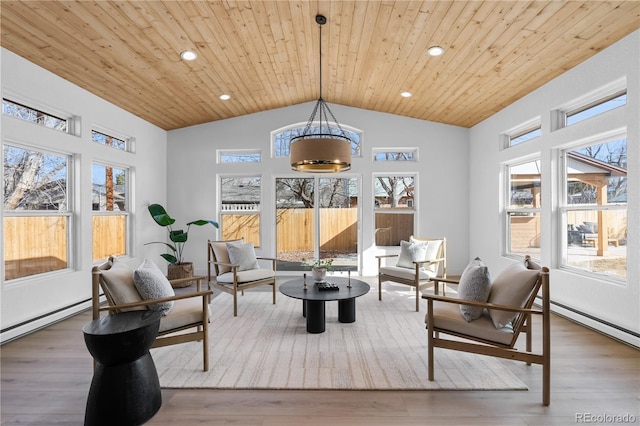 sunroom featuring wood ceiling, vaulted ceiling, and a baseboard heating unit